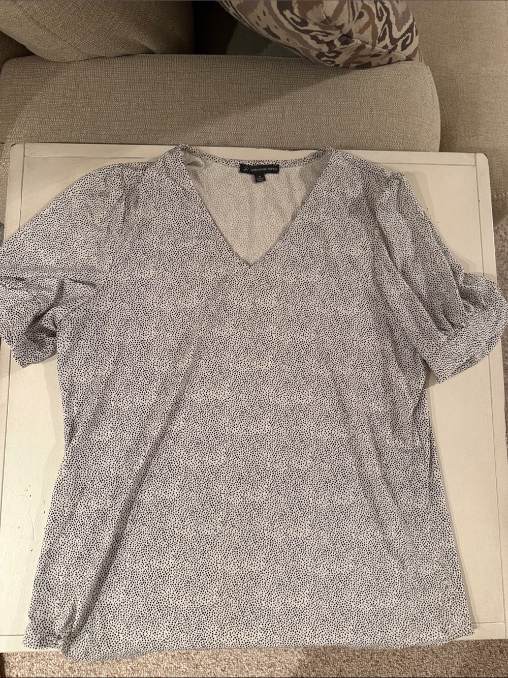 Adrianna Papell White Short-Sleeve V-Neck Top with Black Micro Dot Print